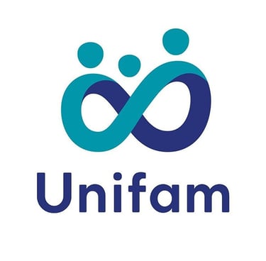 Unifam logo featuring a blue infinity symbol with abstract family figures and bold blue text.