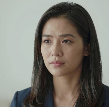 A professional Asian woman with long dark hair looking thoughtful in a corporate office setting.