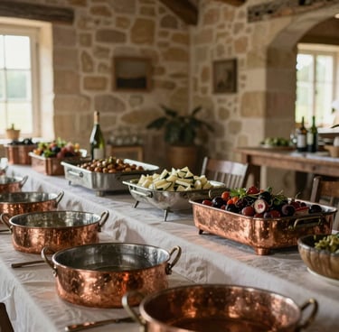 Soft natural side-light on a beautifully arranged buffet table in a Normandy stone barn, copper serving dishes in the foreground, rustic elegance.
