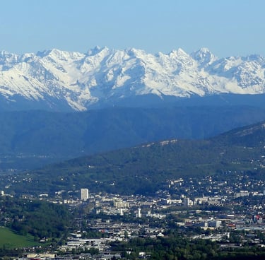 a view of a city with mountains in the background