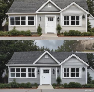 Before and after of a freshly painted Vancouver home exterior in red, blue, and white tones.