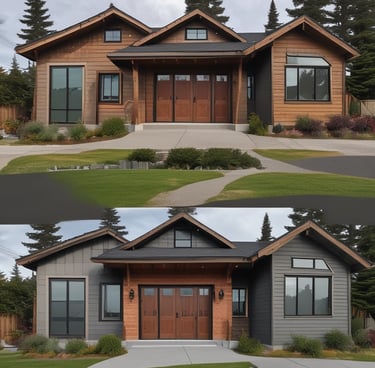 Before and after of a freshly painted Vancouver home exterior in red, blue, and white tones.