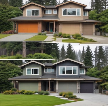 Before and after of a freshly painted Vancouver home exterior in red, blue, and white tones.