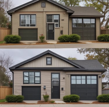Before and after of a freshly painted Vancouver home exterior in red, blue, and white tones.