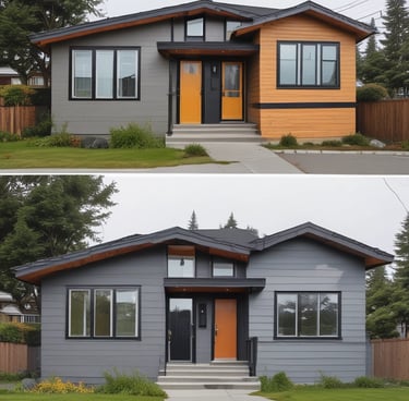 Before and after of a freshly painted Vancouver home exterior in red, blue, and white tones.