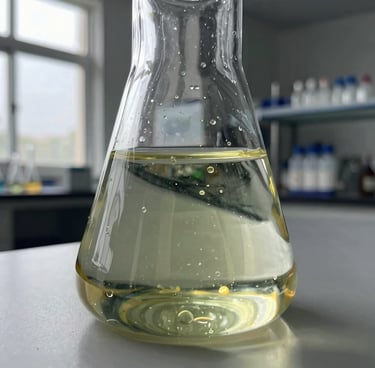 Macro shot of plant-based lipids in a clear laboratory flask, crisp daylight through industrial windows, sharp technical focus