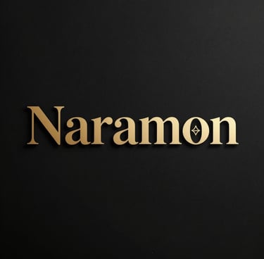 An elegant minimalist logo featuring the name Naramon in sophisticated Latin typography with subtle gold Moroccan geometric accents on a deep black background.