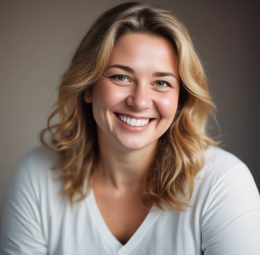 A serene woman smiling softly during a virtual wellness consultation.