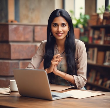 Smiling businesswoman reviewing marketing results on laptop in a bright office.