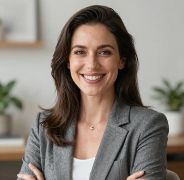 A smiling woman holding a 9thfire personal development guide in a cozy home office.