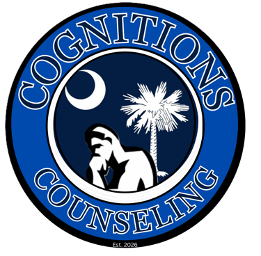 Cognitions Counseling logo featuring a thinking silhouette, palmetto tree, and crescent moon in a blue circle.