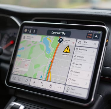 Close-up of a dashboard-mounted tablet showing a realistic UK coach navigation route with clear low-bridge warnings, cabin-glare reflection.