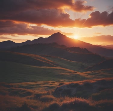 A sleek black and yellow drone hovering over a scenic landscape at sunset.