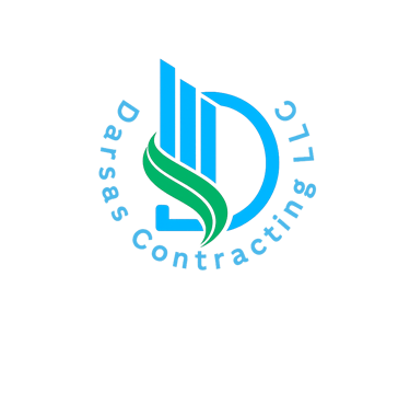 Darsas Contracting LLC logo featuring a blue D shaped building icon and green leaves.