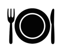 Black restaurant icon featuring a dinner plate, fork, and knife on a white background.