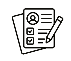 Black and white line icon of a intake form with a pencil and checkmarks.
