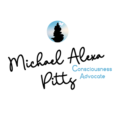 Michael Alexa Pitts Consciousness Advocate Brand Art with name, black cursive, consc adv, blue print, cairn icon with bttrfly