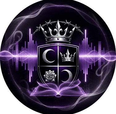 Vaeloria's crest of 2 moons, a crown and rose set in a shield with wings. a crown under barbed wire sit at the top