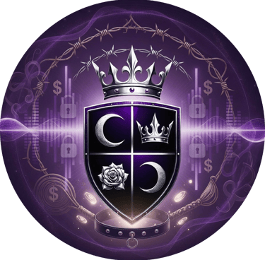 Vaeloria's crest of 2 moons, a crown and rose set in a shield with wings. a crown under barbed wire sit at the top