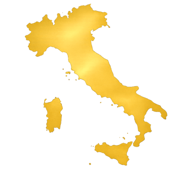 A shimmering gold map of Italy with Sicily and Sardinia on a solid black background.