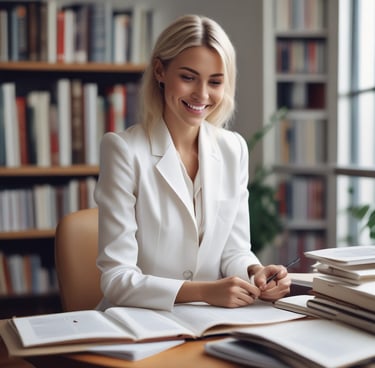 A thoughtful professional reviewing project plans in a cozy office.