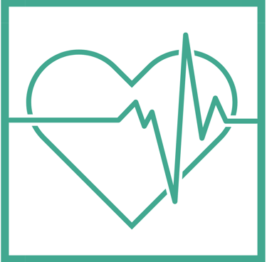 Teal line art icon of a heart with an EKG heartbeat pulse monitor wave inside a square frame.