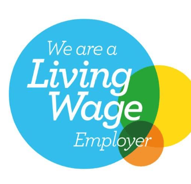 Official Living Wage Employer logo featuring colorful overlapping circles and white text.
