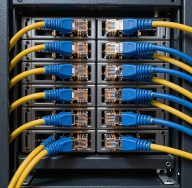 Symmetrical straight-on macro shot of perfectly organized blue and yellow ethernet cables routed neatly into a server rack, crisp industrial lighting, cool slate tones