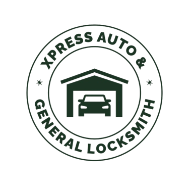 Logo for business. circle inside circle. inner circle has car in a garage. outer circle says xpress auto & general locksmith