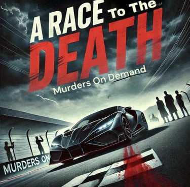 A black sports car on a racetrack with the title A Race To The Death Murders On Demand.