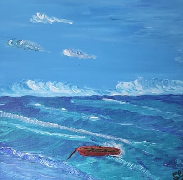 Réf : PAY240818. Barque dans la tourmente. Carton entoilé, 25x25cm. 45€.