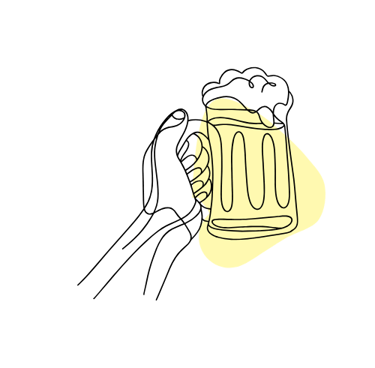 Line art design of a hand holding out a full stein of beer.