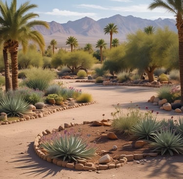 A desert landscape showcasing a large agave plant surrounded by rocks and dry grasses. The scene includes a mix of greenery with spiky leaves, contrasting with the muted tones of the surrounding terrain.