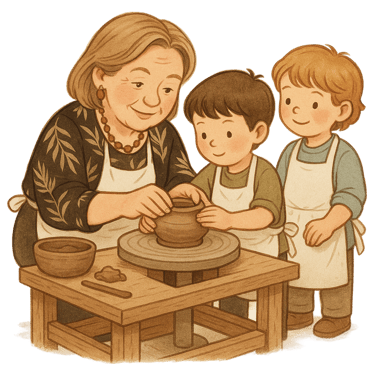 molio edukacija, mokytoja mokina du vaikus kaip žiesti iš molio