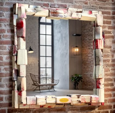 Spiegel mit kunstvollem Rahmen aus weißen, roten und braunen Holzscheiten