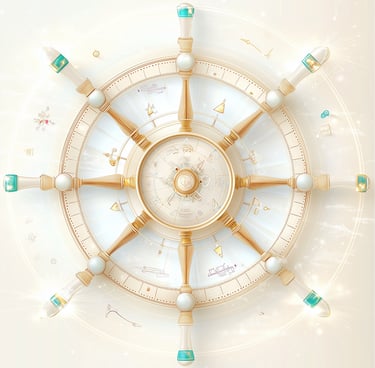 Elegant golden ship wheel with emerald accents and celestial symbols on soft glowing background.