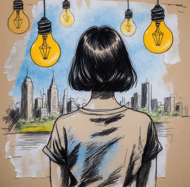 Una ragazza di spalle che guarda una città, con delle lampadine accese vicino la testa