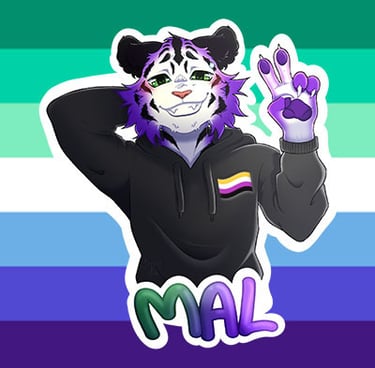 Un tigre violet et blanc sur un fond aux couleurs du drapeau gay masculin.