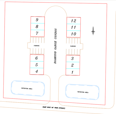 site plan layout for the 4 garage condos and 12 separate condo sites