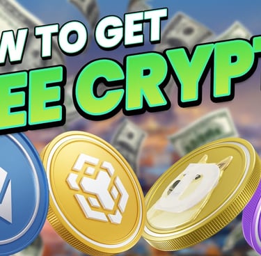 How to get free crypto — illustration of popular coins & cash, used as header image for free-crypto
