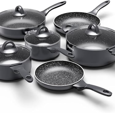 Bezia nonstick cookware set featuring granite-coated pans and pots with glass lids.