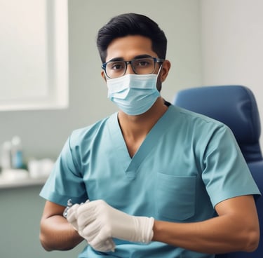 A wooden desk features a laptop displaying an email marketing webpage. On the desk are envelopes, one open with a blue inner lining, and two visible notes with the phrase 'Email Marketing.' There is also a small potted plant with green leaves and a yellow tape labeled 'Saturday Delivery.'