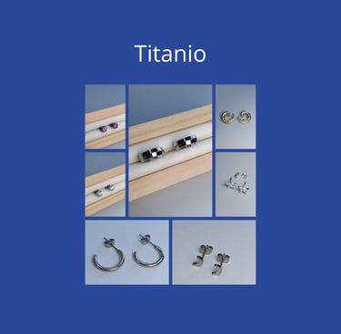 A collection of hypoallergenic titanium earrings including hoops, studs, and star shapes on a blue background.