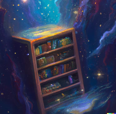 A celestial bookshelf floating in the cosmos, filled with starry books and celestial maps