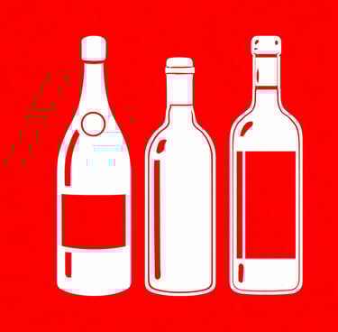 Three white wine and liquor bottle silhouettes displayed on a vibrant red background.