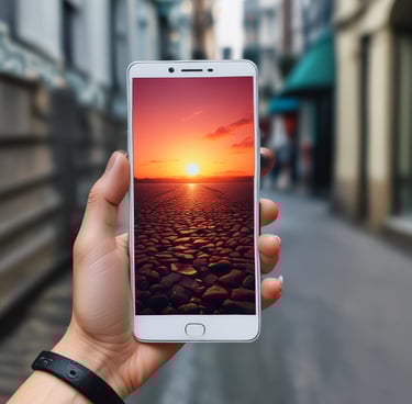 A bustling market alley filled with various stalls selling mobile accessories. Colorful garlands hang from the roof, and signboards for brands like Samsung, Oppo, and iPhone are visible. Shoppers and vendors are engaged in transactions.