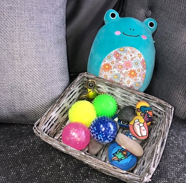 A basket with some sensory fidget tools and a squishy cushion.  Emily is an Autism specialist