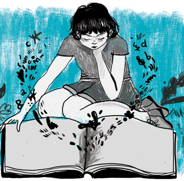 Una mujer leyendo un libro del que salen muchas cosas