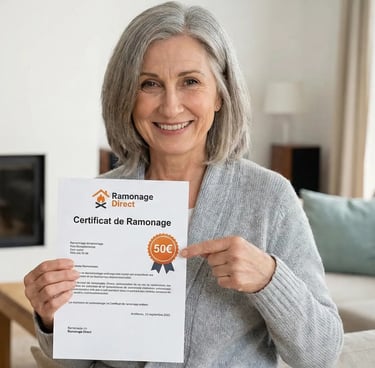 Cliente souriante montrant son certificat de ramonage officiel à 50€ délivré par Ramonage Direct 