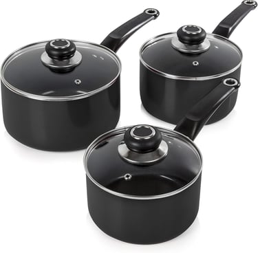 a set of three pots and pans with lids